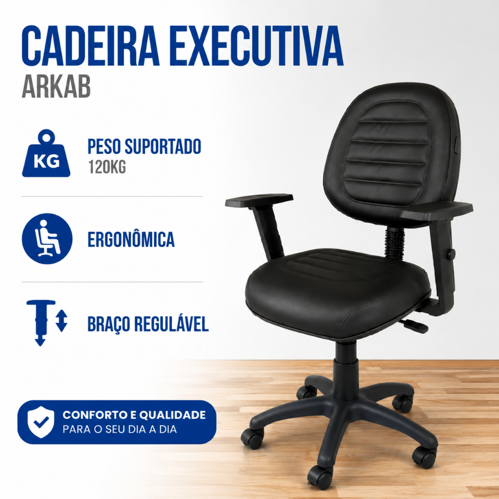Cadeira Executiva Escritório Arkab Giratória Ergonômica Courvin Braço Regulável 120kg