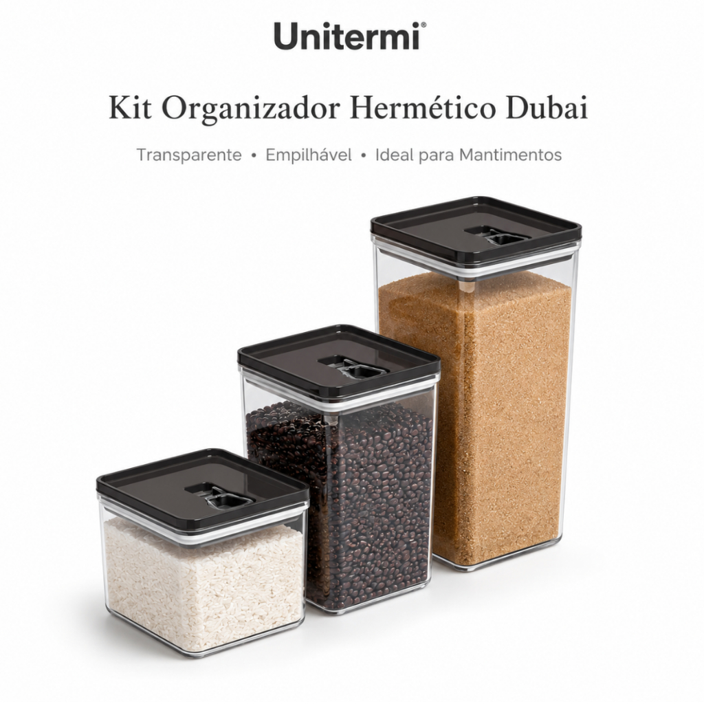 Kit Organizador Unitermi Dubai 5L Grande Porta Mantimentos Transparente Empilhável Cozinha Despensa