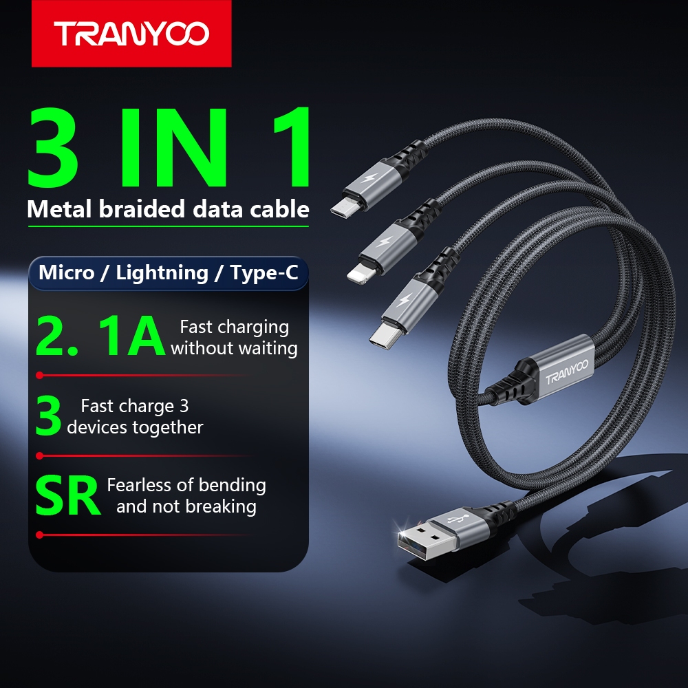 Cabo Carregador 3 em 1 TRANYOO 6A Multi Portas Universal Imã Reforçado para Celular Barato Envio Imediato