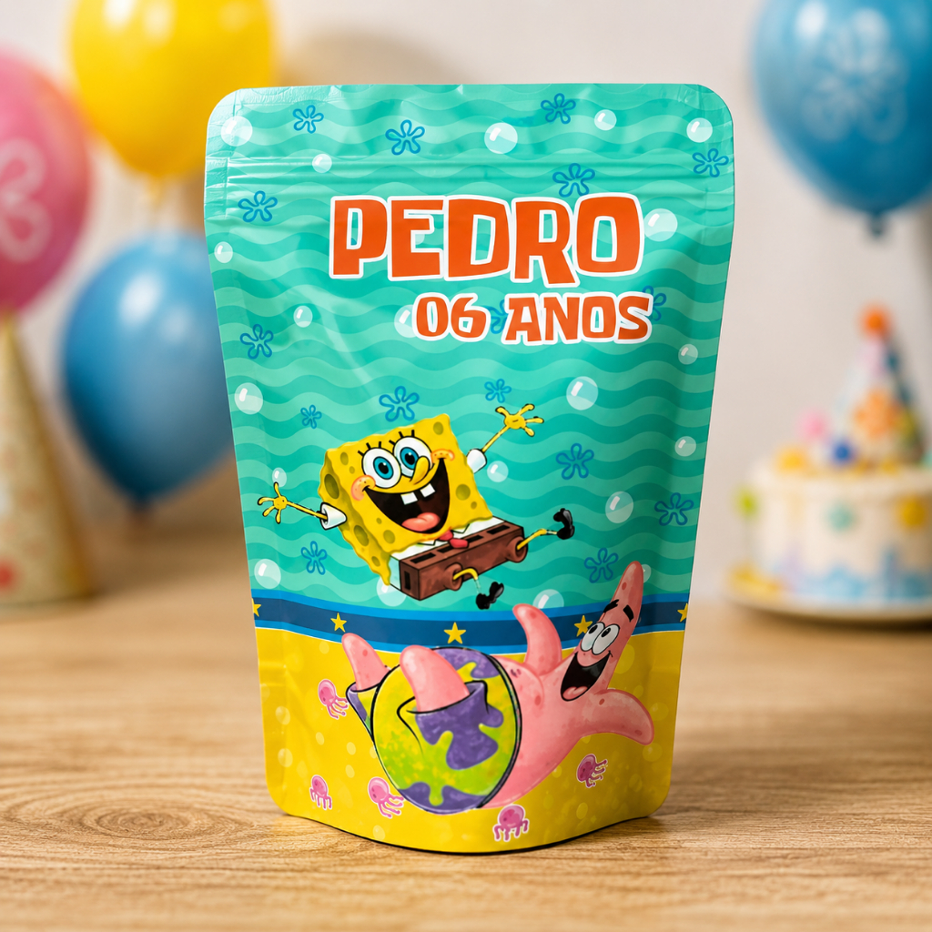SAQUINHO METALIZADO ZIPLOCK PERSONALIZADO PARA LEMBRACINHA FESTA INFANTIL/ANIVERSÁRIO TEMA BOB ESPONJA