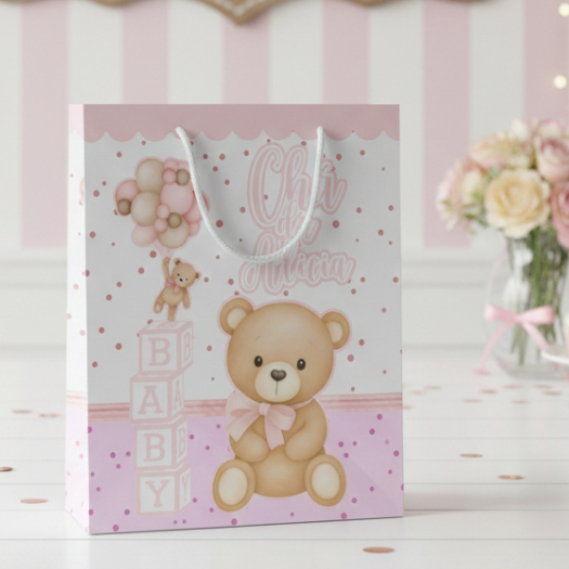 Sacolinha (M) | Sacola Chá de Bebê Menina Ursinha Rosa Personalizada | Lembrancinha de Chá de Bebê | PEGUE E MONTE