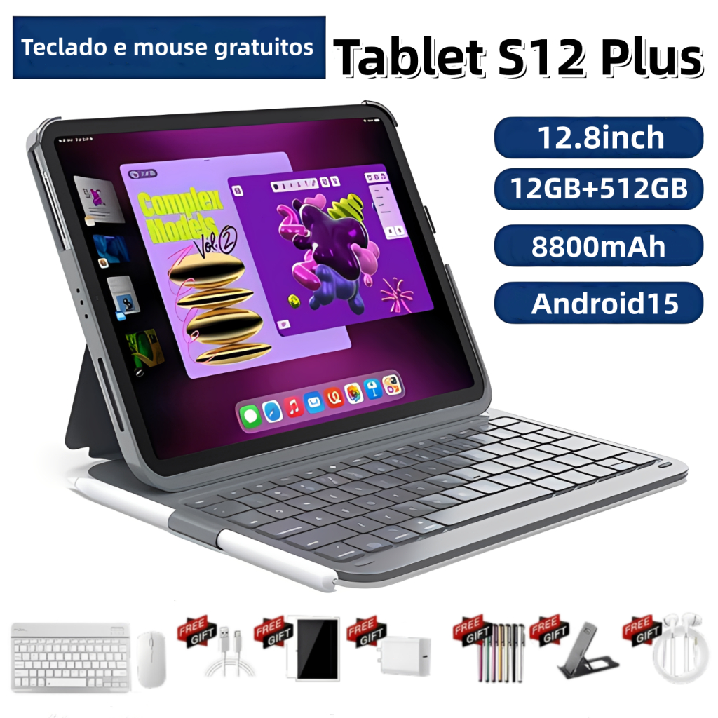 【Teclado e mouse gratuitos】Tablet  S12 Plus 16 GB + 1024 GB 12,8 polegadas 12000 mAh Novo modelo 5G WiFi Promoção com