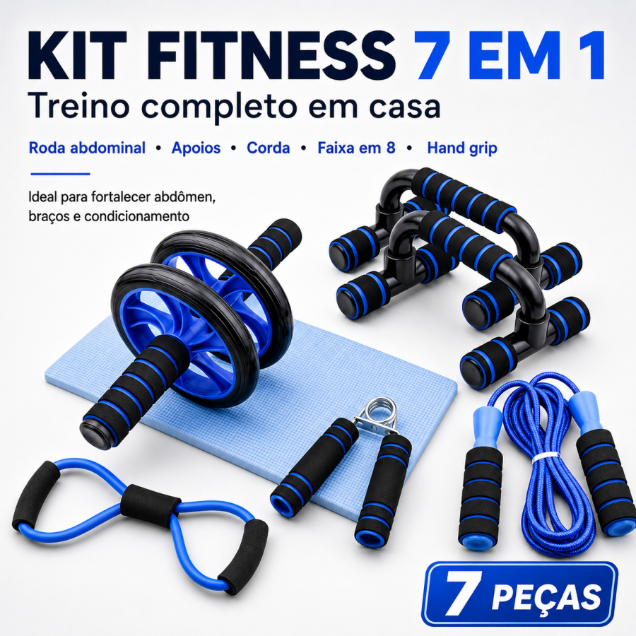 Kit Fitness 7 em 1 Roda Abdominal Apoio Flexão Corda Hand Grip Treino em Casa