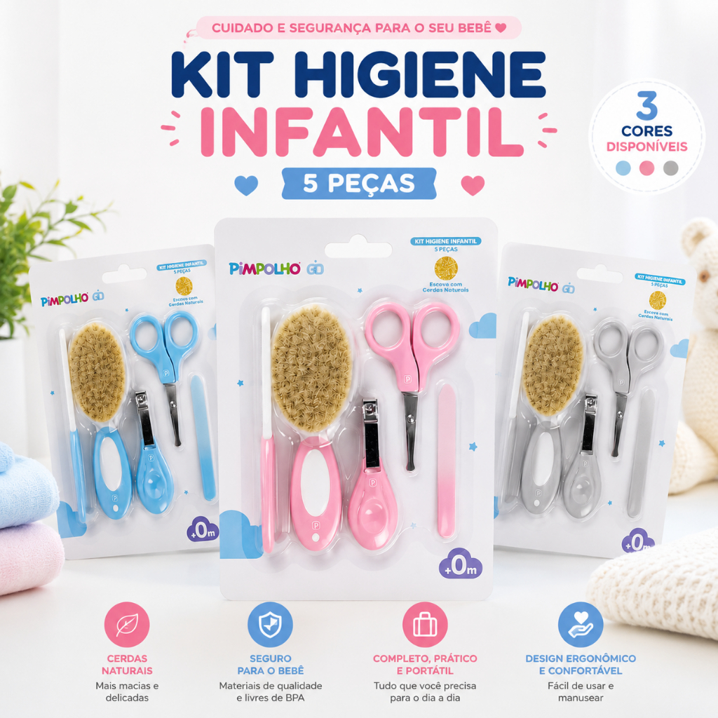 Kit Higiene 5 Peças Bebê Pimpolho Cuidados Escova Cerdas Naturais Pente Cortador Tesoura Lixa Unha