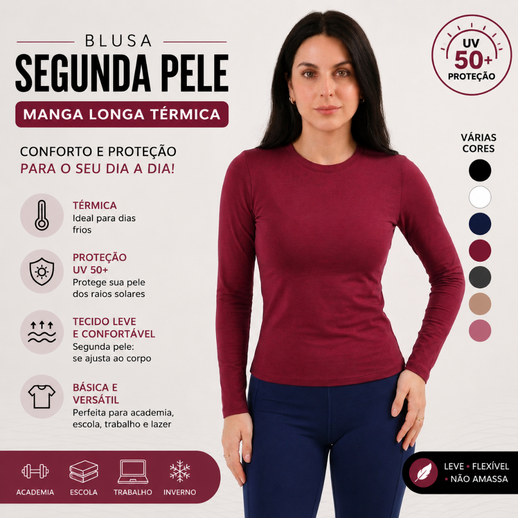 Blusa Segunda Pele Feminina Manga Longa Térmica Proteção UV 50+ Lisa Academia Inverno Básica Escola