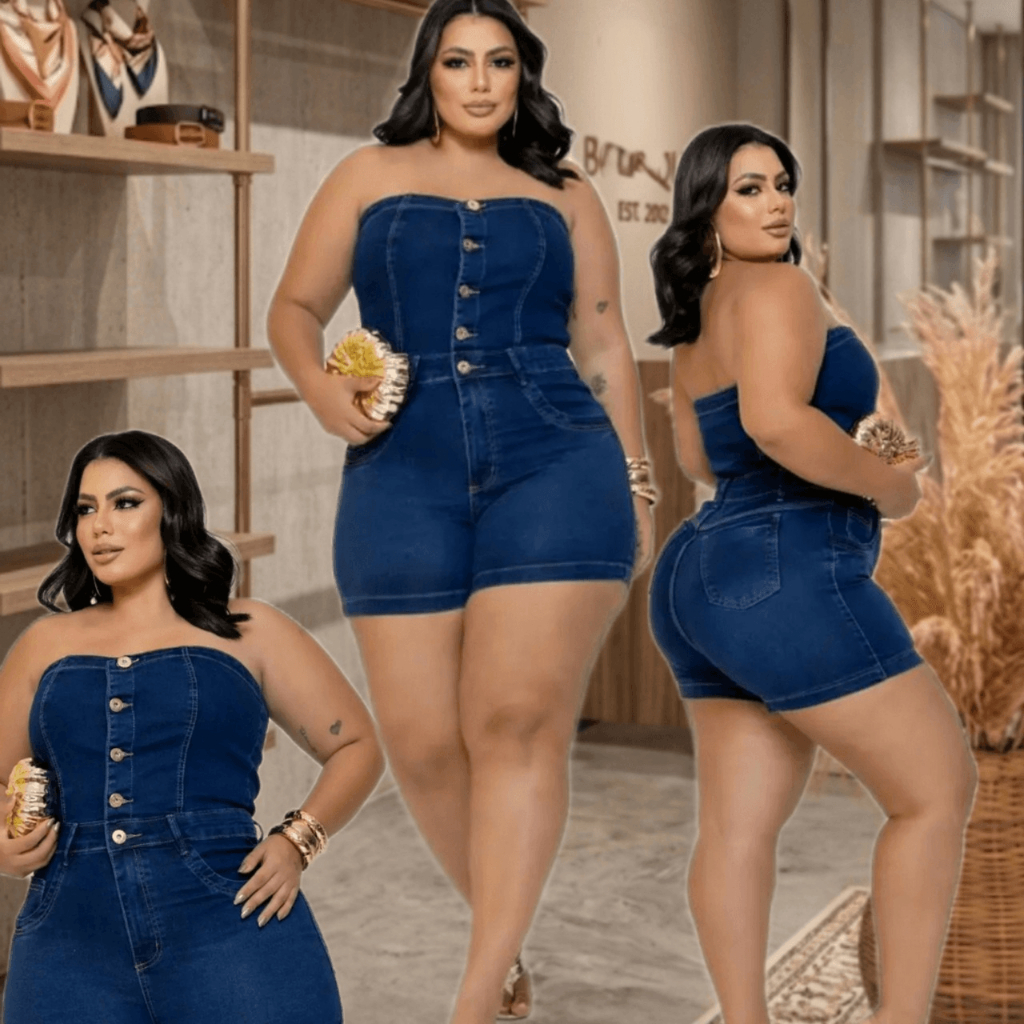 Macaquinho macacao Jeans Feminino vestido  Plus Size Tomara que Caia com laycra  Curto short  saia