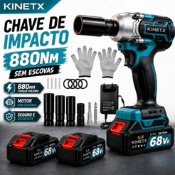 Chave de Impacto KINETX Sem Escova 68VF 880Nm 2 Baterias Com Acessórios Completos 3 e 1 Furadeira e Chave Inglesa Bivolt