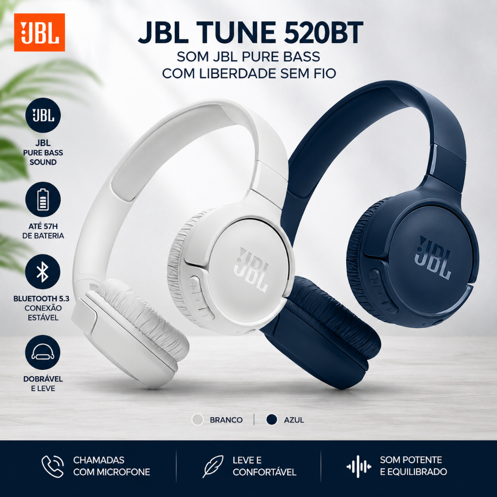 Fone De Ouvido Headphone Bluetooth JBL Tune 520bt Cor Branco / Azul  / Original Com Nota Fiscal