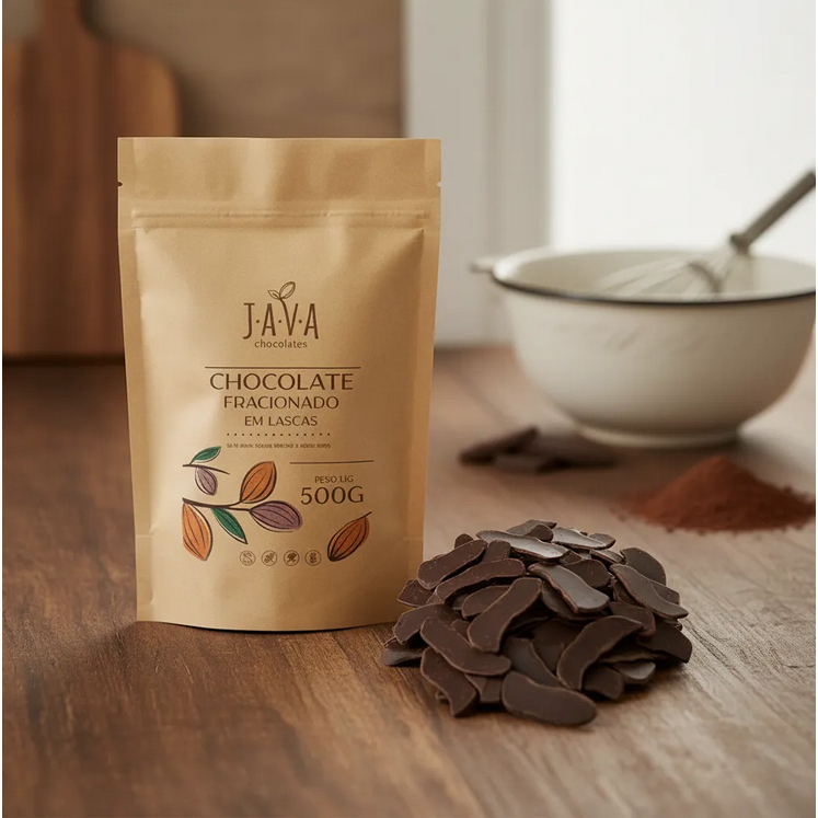 Chocolate Fracionado Meio Amargo 500g Lascas Java — Vegano, Zero Lactose, Sem Leite, Sem Soja, Sem Glúten