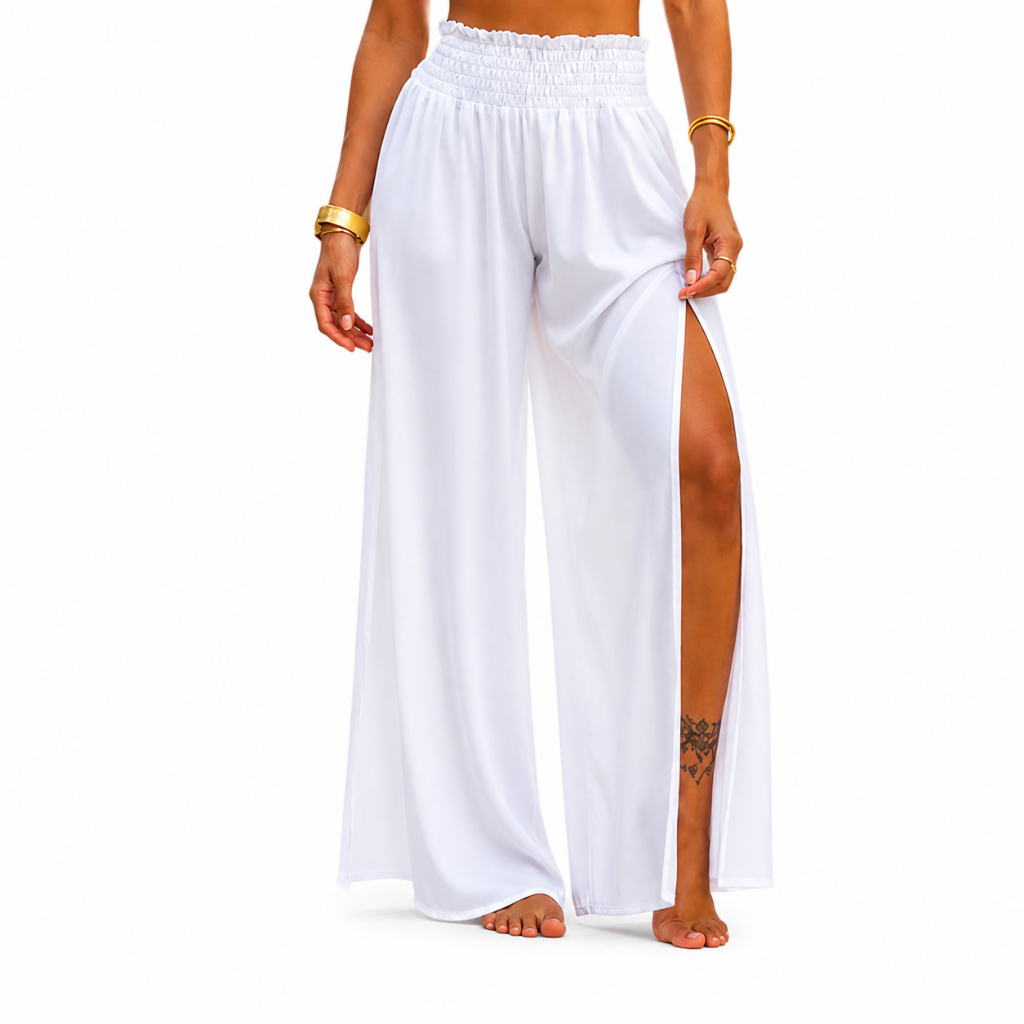 Saída de Praia Calça Feminina Pantalona com Fenda Lançamento