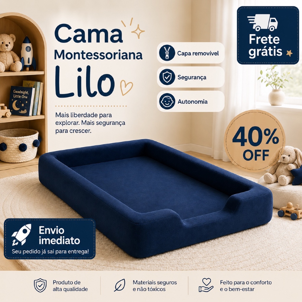 Cama Montessoriana INFANTIL (174x94cm) - Modelo LILO - Tecido VELUDO - Com e Sem colchão