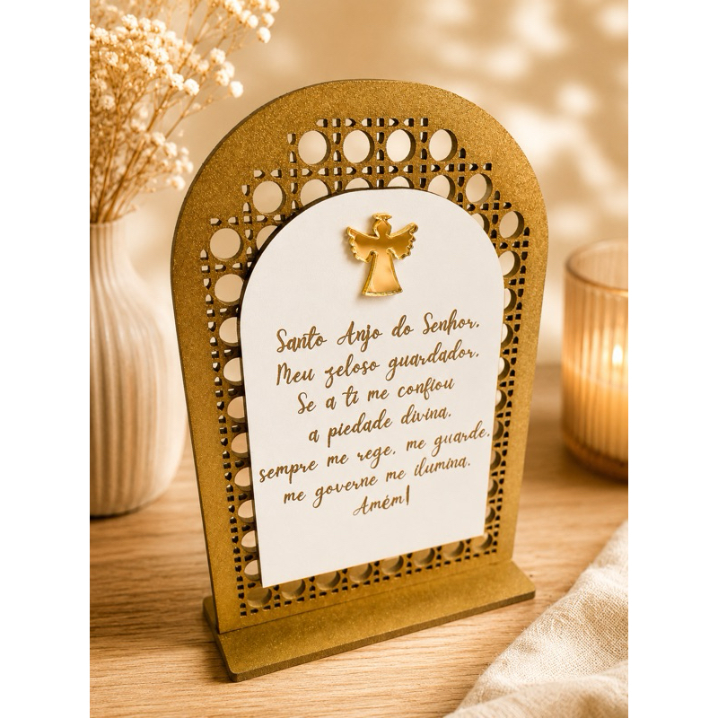 Oração Santo Anjo + aplique anjo em acrílico