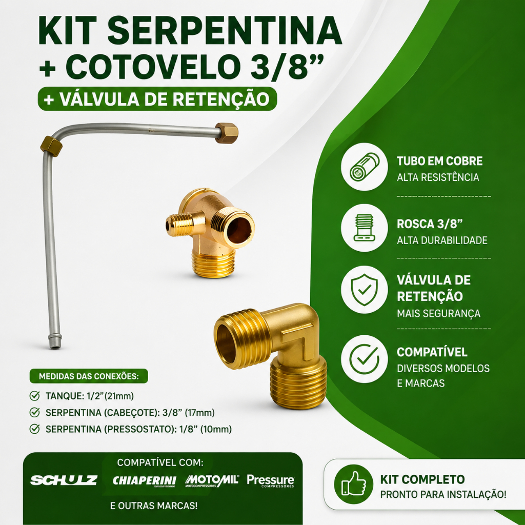 Kit Serpentina Cotovelo 3/8 Vál. Retenção Do Motocompressor