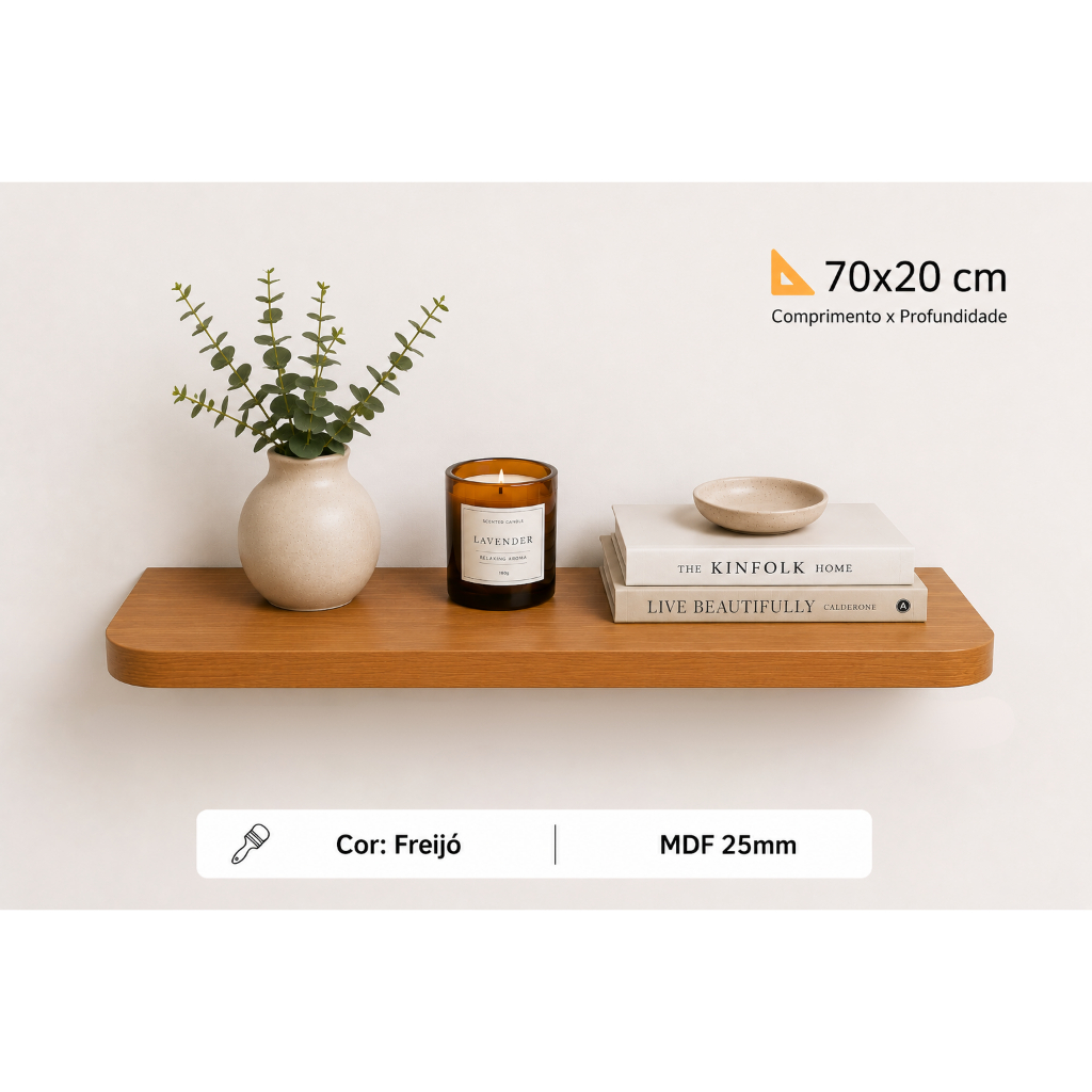 Prateleira 70x20 arredondada freijó MDF 25mm suporte invisível decorações quarto sala escritório