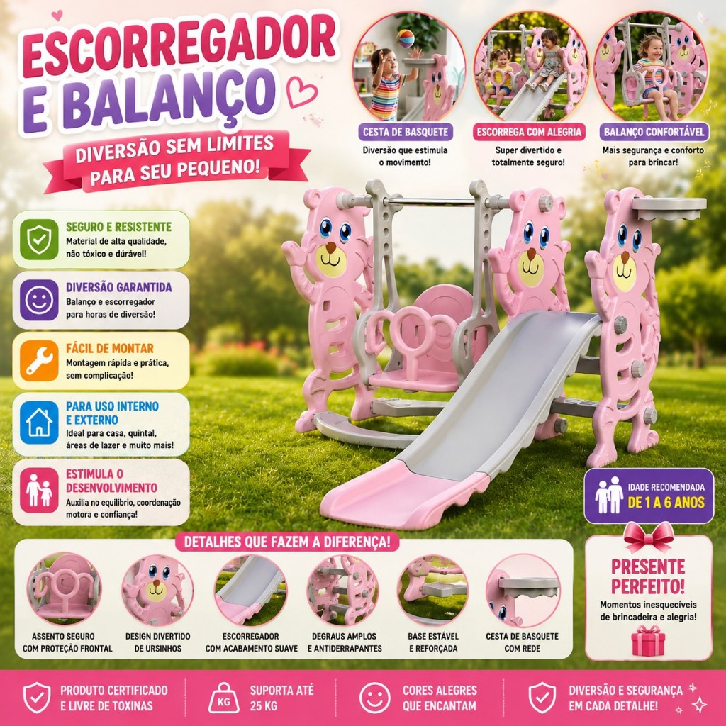 Playground Infantil 3 em 1 Rosa Com Escorregador Balanço e Cesta de Basquete Importway Premium