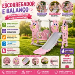 Playground Infantil 3 em 1 Rosa Com Escorregador Balanço e Cesta de Basquete Importway Premium