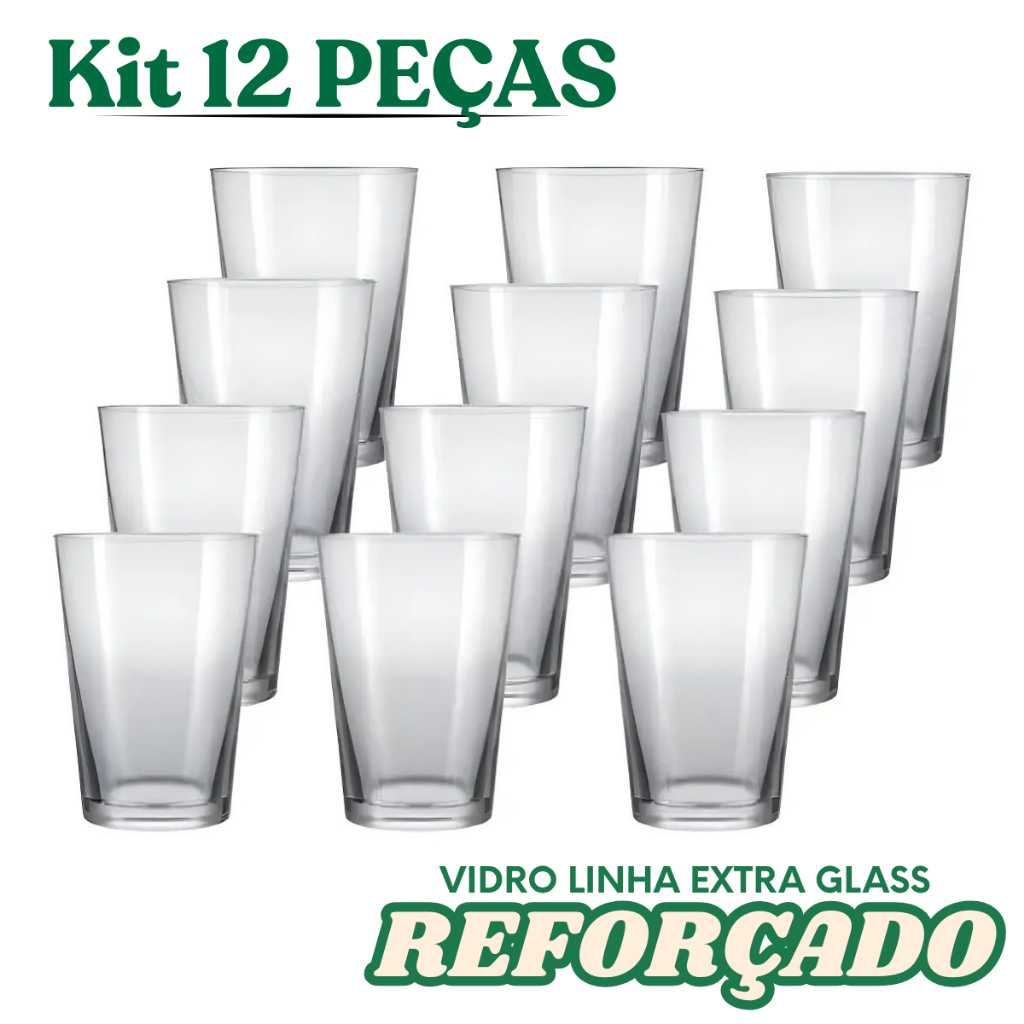 Jogo Com 12 Copos De Vidro Caldereta Cerveja 300ml Refrigerante Bar Drink Transparente Choop