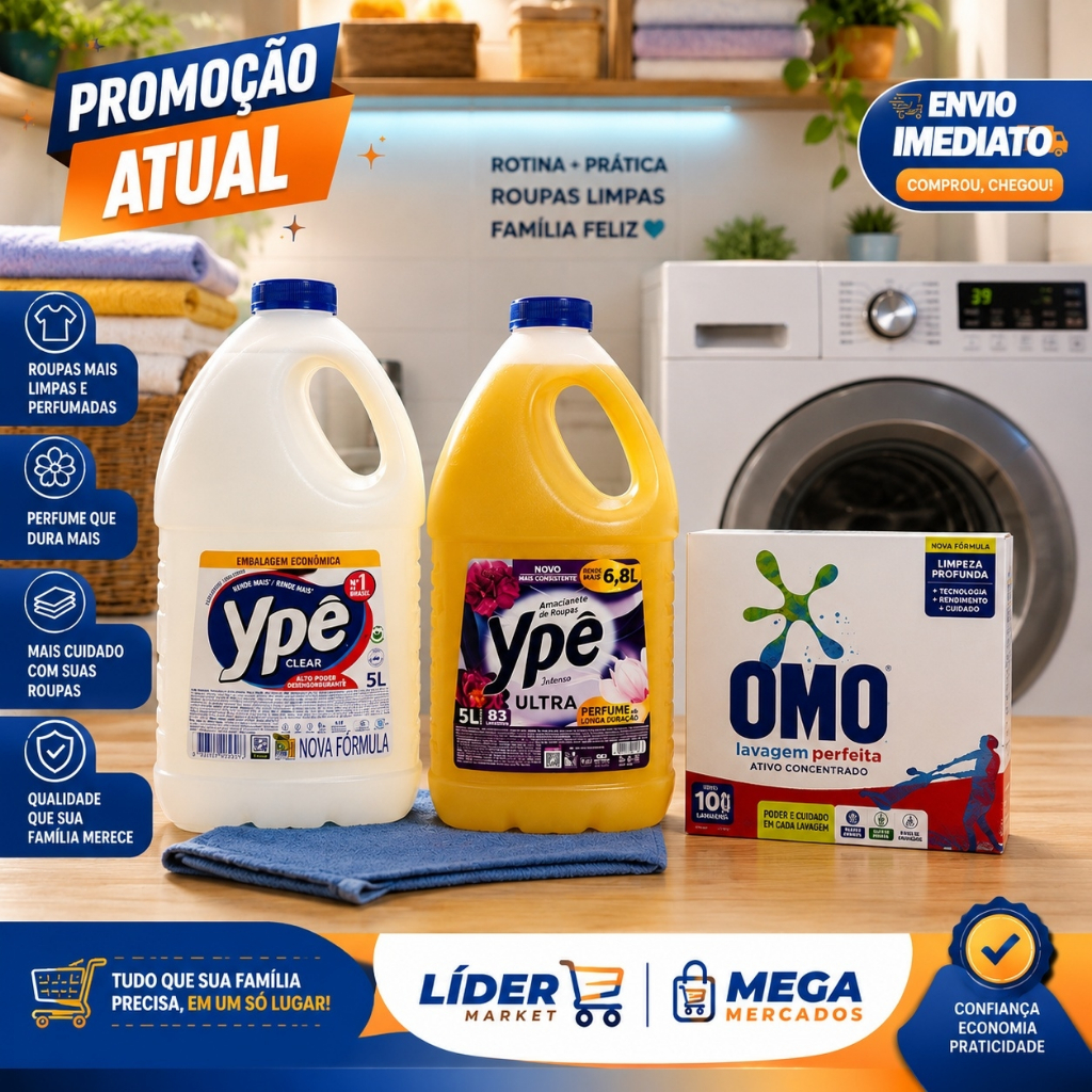 Amaciante de Roupas Ypê 5L + Detergente Ypê 5L + Sabão em Pó Omo 800g