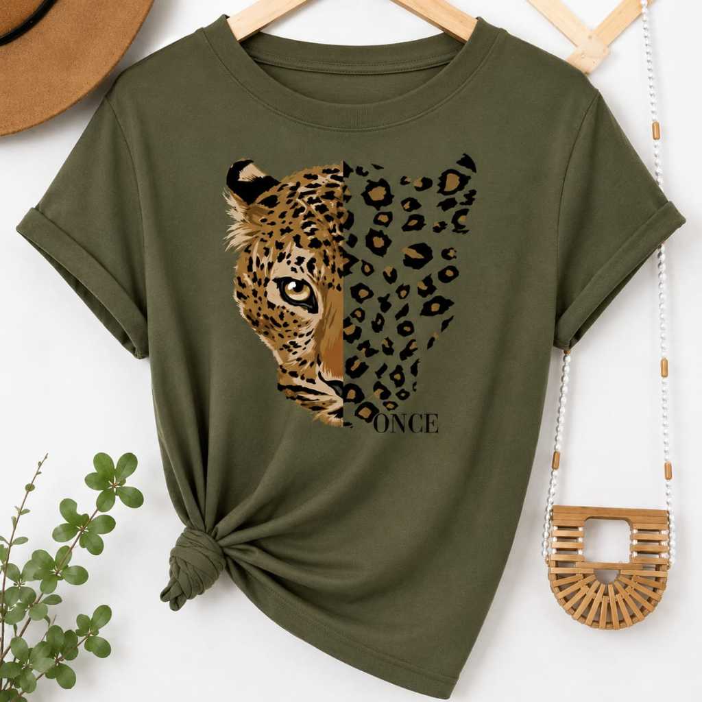 Camiseta Moda Feminina Tendência Estampa Oncinha 100% Algodão Premium Casual Confortável Estilosa