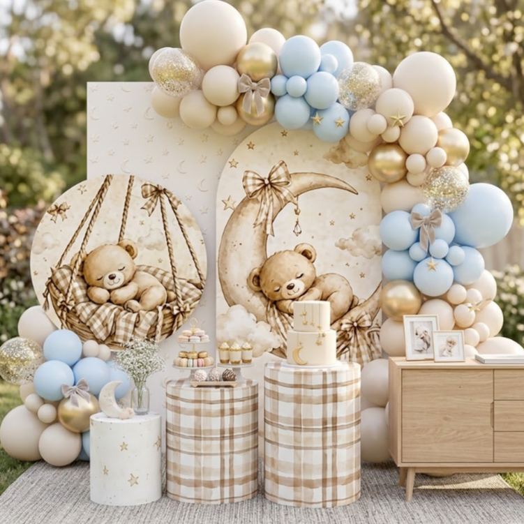 Capas Festivas Ursinho Baby Painel Redondo Trio Cilindro Decoração Chá de Bebe Revelação Sublimado