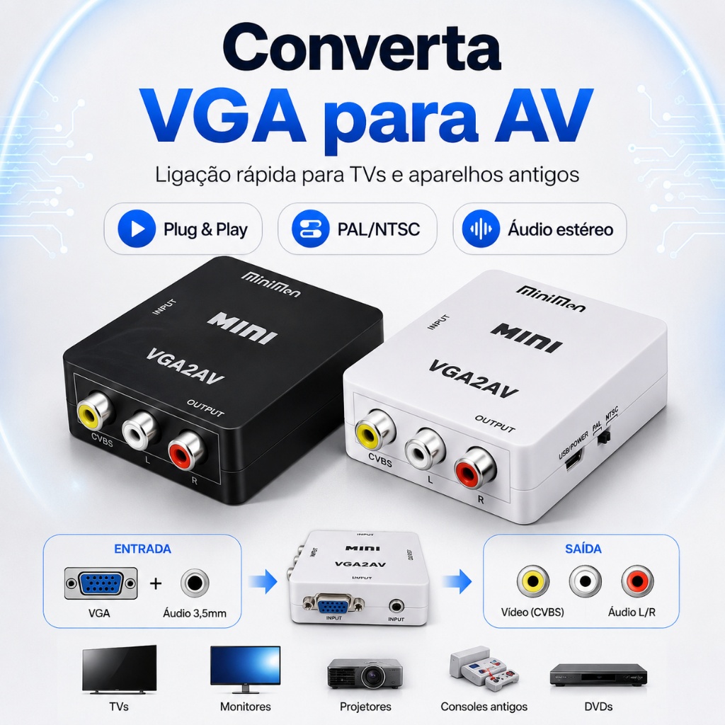 Mini Conversor Adaptador VGA Para AV RCA 3RCA Video Audio PC Notebook Para TV Antiga Projetor Plug And Play Cabo USB Top