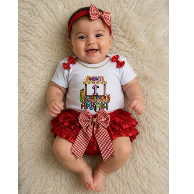 Body de Bebê Festa Junina Infantil Menina Meu Primeiro Arraiá Body Personalizado + Calcinha Bunda Rica + Laçob