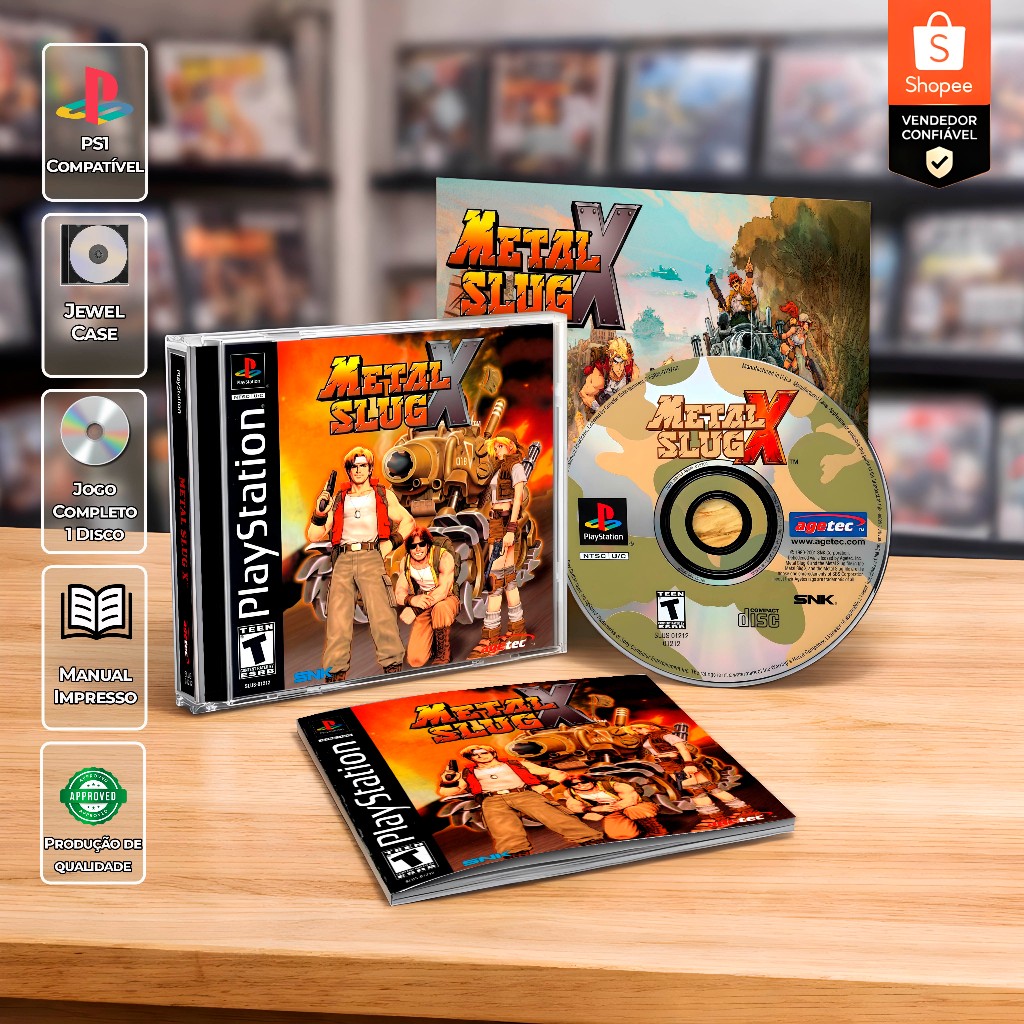 Jogo Metal Slug X PS1 Box CD Mídia Prata Poster Manual Repro
