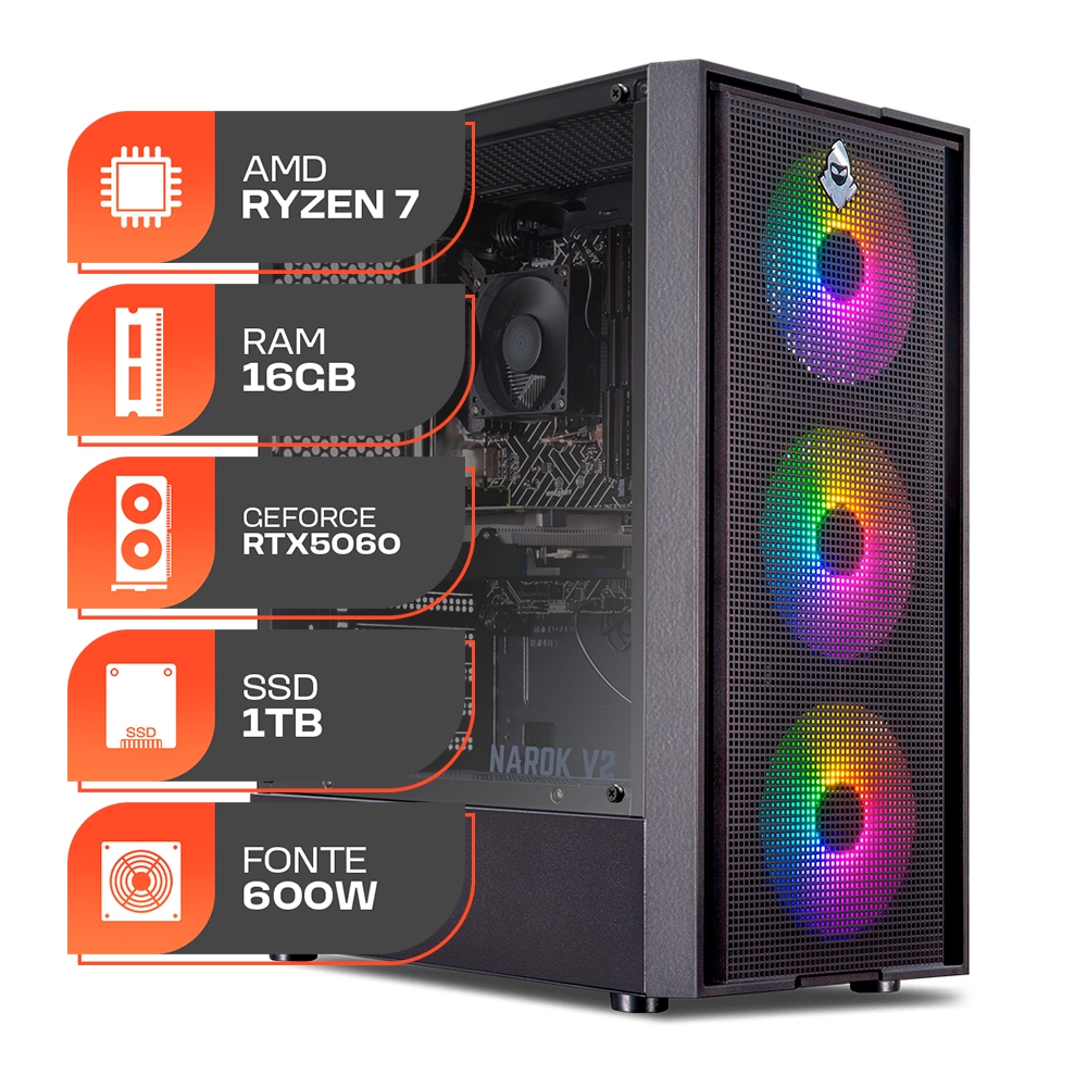 PC Gamer Titan Pro, AMD Ryzen 7 5700X, GeForce RTX 5060 8GB, 16GB DDR4, SSD M.2 1TB, Fonte 600W 80 Plus