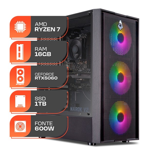 PC Gamer Titan Pro, AMD Ryzen 7 5700X, GeForce RTX 5060 8GB, 16GB DDR4, SSD M.2 1TB, Fonte 600W 80 Plus