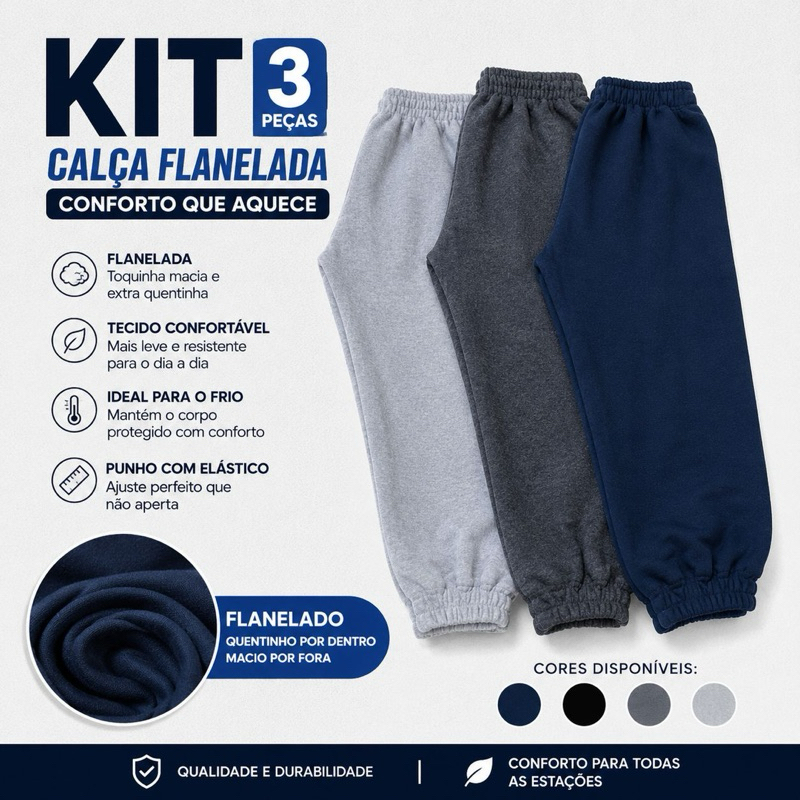 Kit 3 Calça Moletom Infantil ALGODÃO Punho Kyly Quentinha Inverno Quase Flanelada Confortavel Grossa
