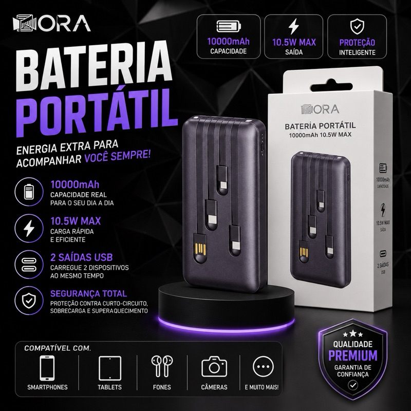 Power Bank 10000mAh Bateria Portátil 1Hora Carregador Externo Turbo 10.5W Com Cabos Embutidos iPhone Android