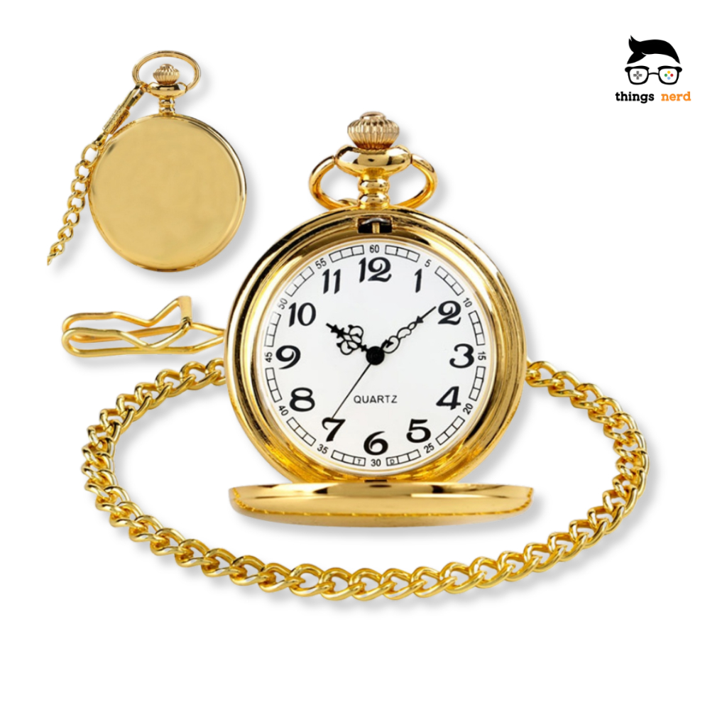 Relógio de Bolso Dourado Vintage com Corrente Clip Bateria Antigo Quartzo Retrô Liso Polido Relíquia