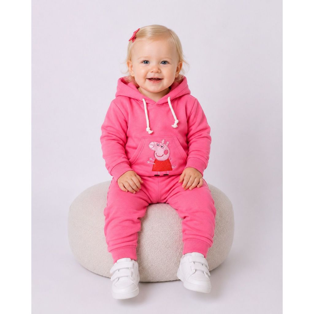 Conjunto Moletom Peppa Stitch Angel Rosa Lillo e Stich Infantil Bebê 100% Algodão Flanelado com Capuz e Bolso Canguru