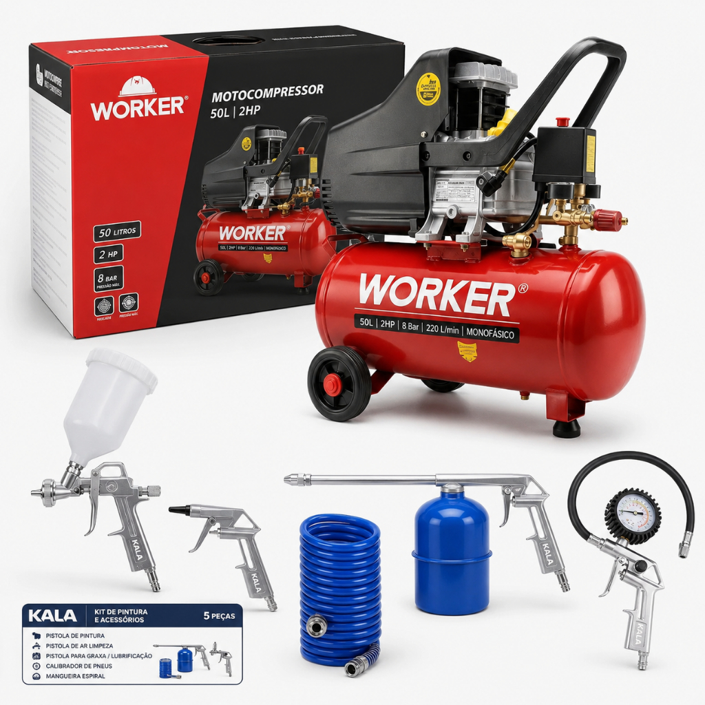 Kit Motocompressor Ar 50L Worker 2HP + Kit Pistola Pintura Kala 5 Peças 220V