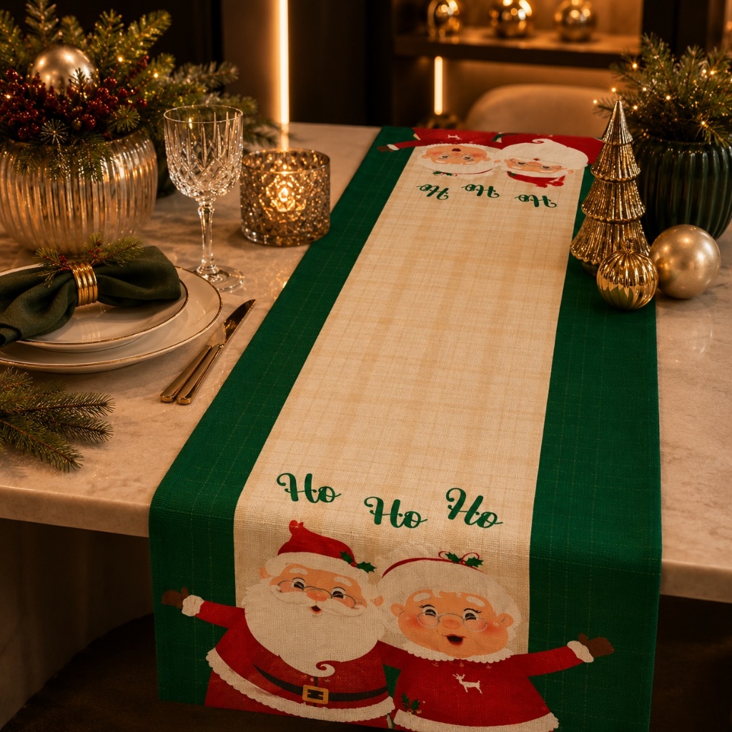 Trilho de Mesa Decorativo Natalino Estampa Sofisticada 110x35cm Exclusivo Papai e Mamãe Noel ho ho