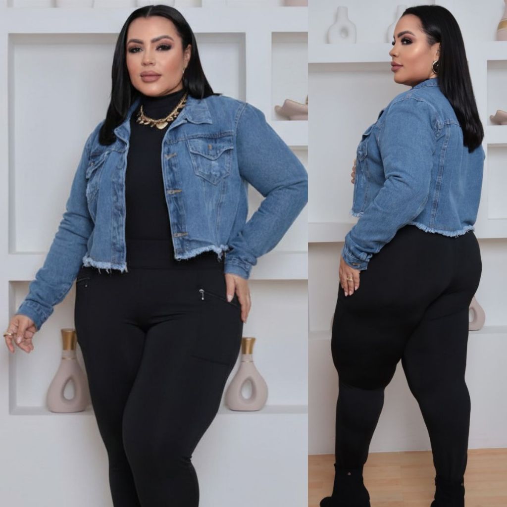Jaqueta Cropped Jeans Feminina Plus Size Botão Encapado G1 ao G4 ( Azul Médio)