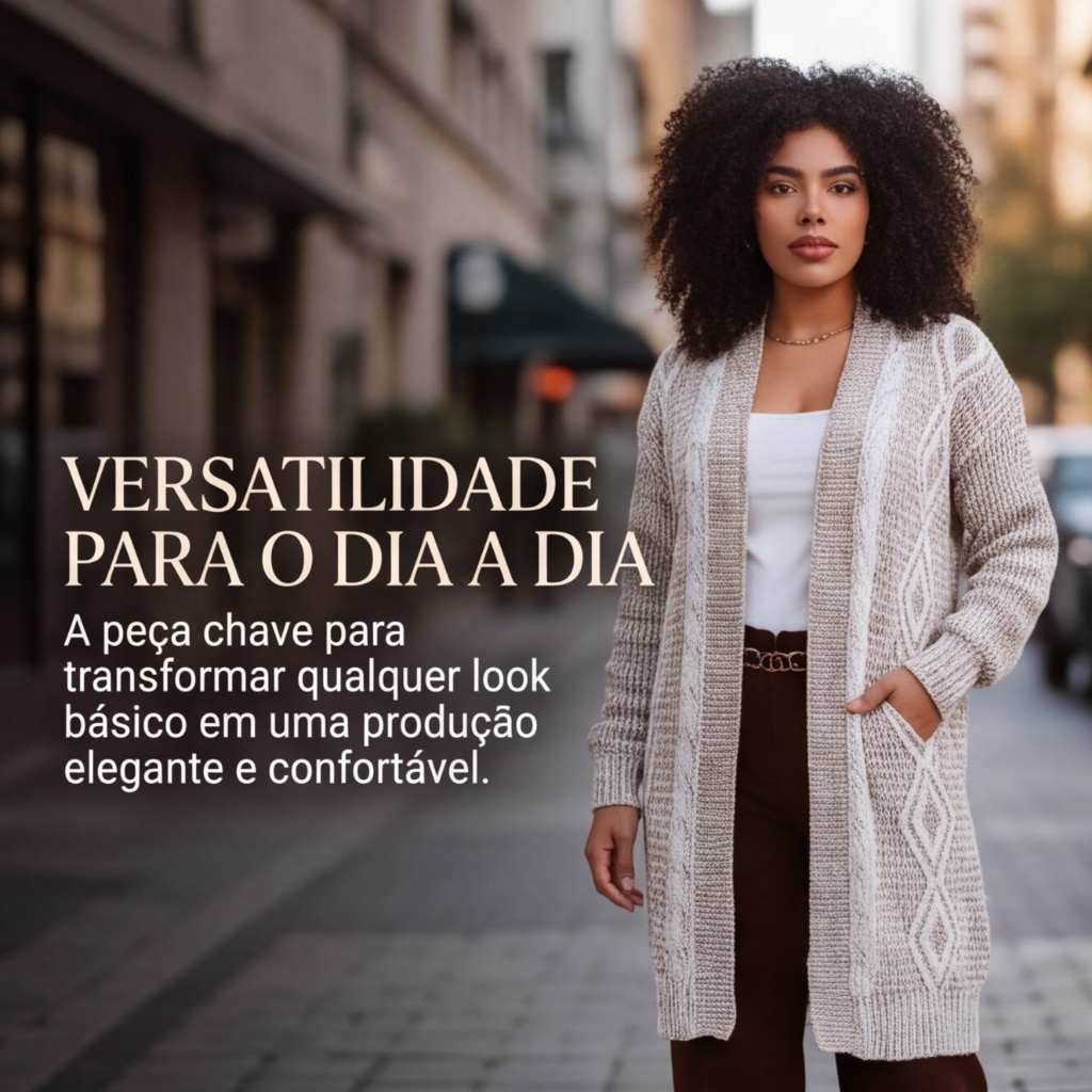Cardigan Feminino Tricot Detalhes Geométricos Moda Outono Inverno Casaco Tricô Cardigã