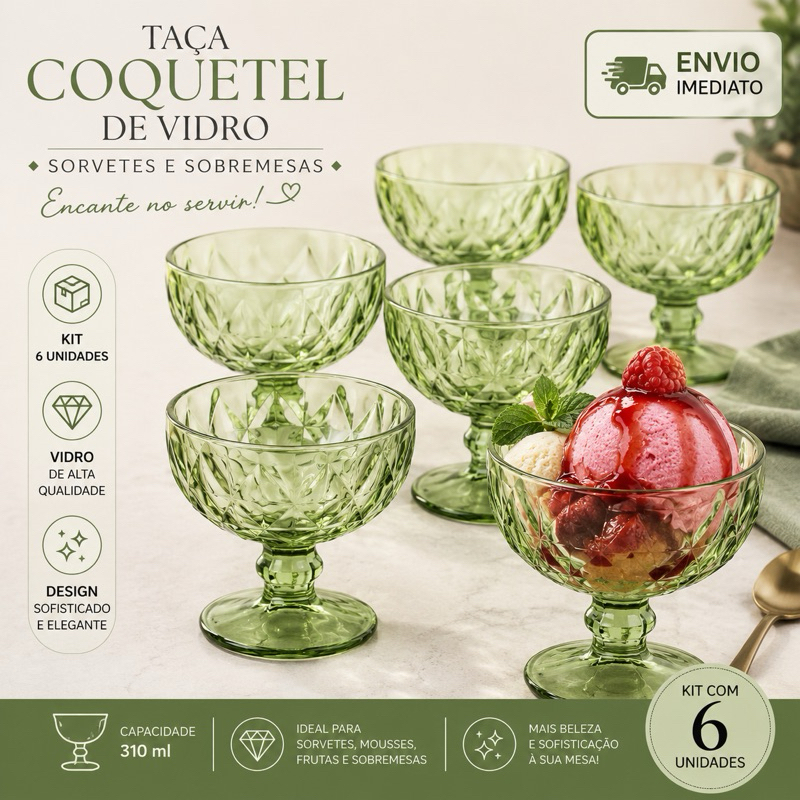 Kit Jogo 6 Peças Taça Coquetel Vidro Borda Dourada 310ml Cozinha Sobremesa Casa Restaurante