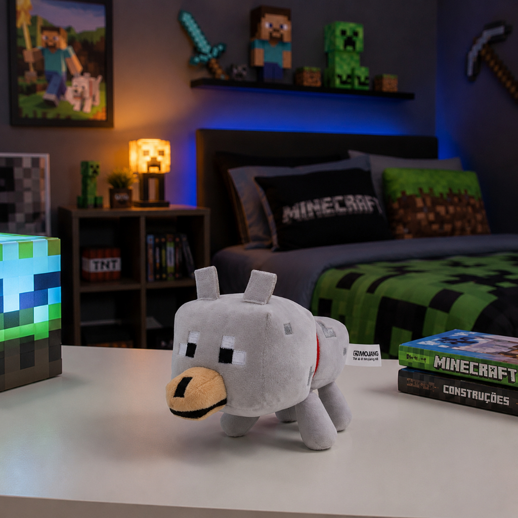 Pelúcia Lobo Minecraft 20cm Boneco Cachorro Geek Macio Fofo Presente Infantil