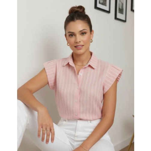 Camisa Feminina Manga Curta Listrada Risca de Giz Alfaiataria em tricoline Moda Verão