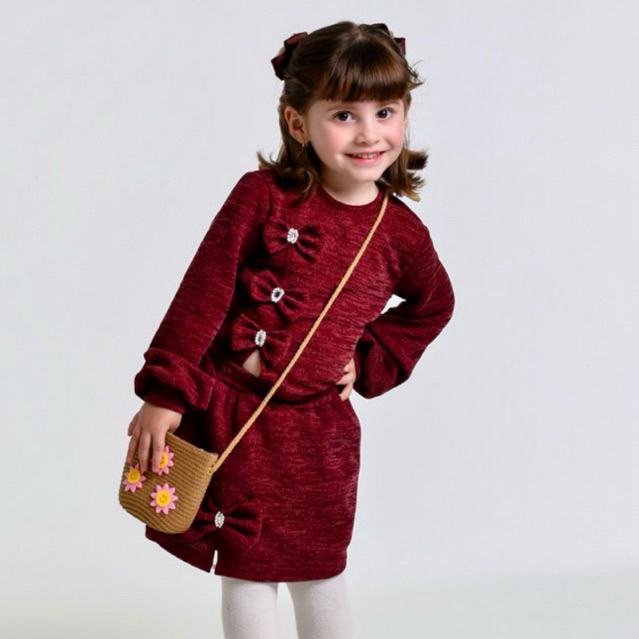 Conjunto Infantil Feminino Inverno Blusa de Frio + Saia com Laço e Strass Elegante Moda Menina