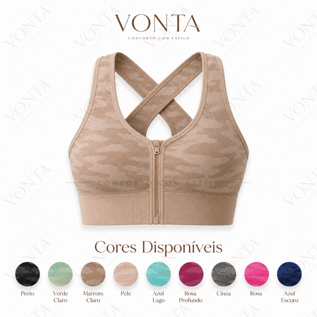 Top Fitness Feminino Com Bojo e Zíper Frontal VONTA Sutiã Esportivo Costas Cruzadas Barra Larga Academia Yoga
