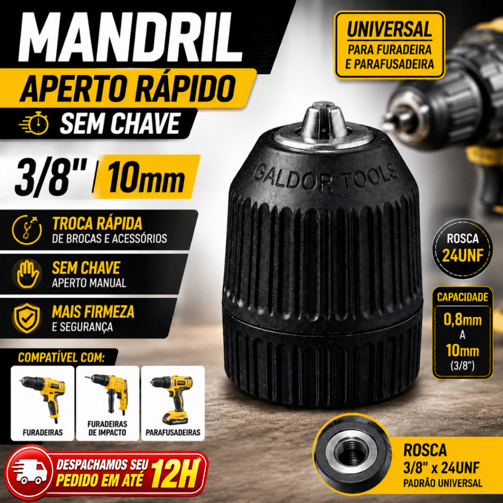 Mandril 3/8 10mm Aperto Rápido Sem Chave Rosca 24unf Para Furadeira E Parafusadeira Universal Top