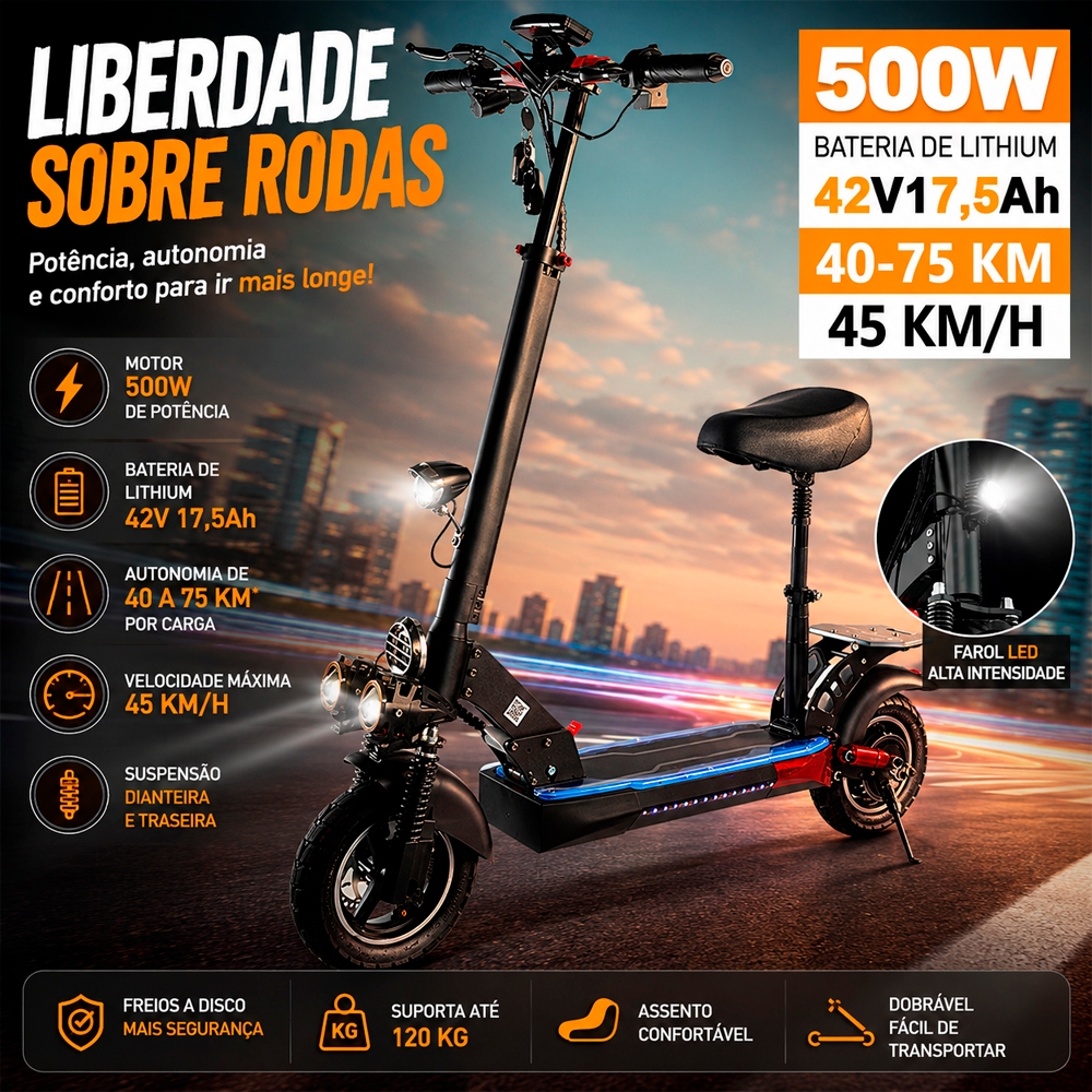 Patinete Elétrico Com Bando 500w Scooter Dobrável 48V 8Ah Até 40km/h Potente Com Assento 500w