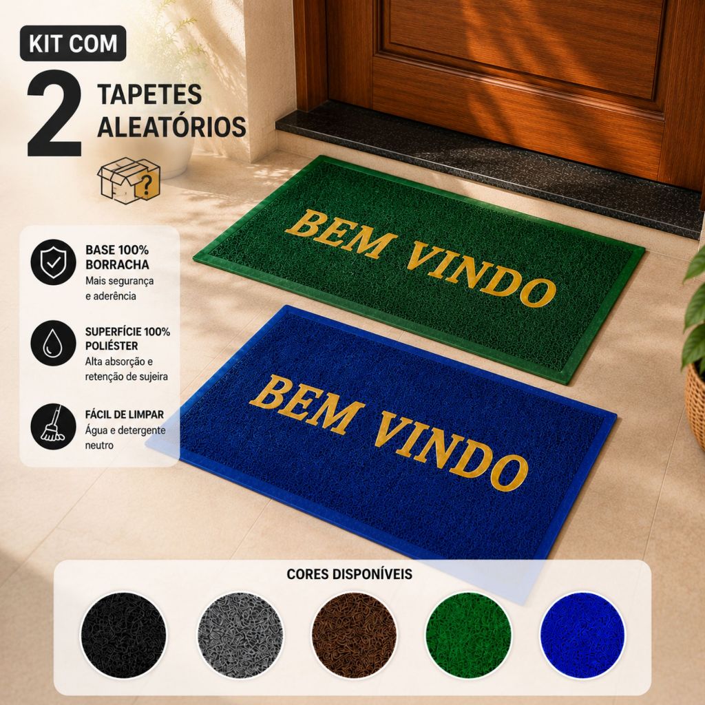 Detalhes do Kit Tapete Capacho Bem-Vindo Emborrachado para Porta Antiderrapante Cores Sortidas
