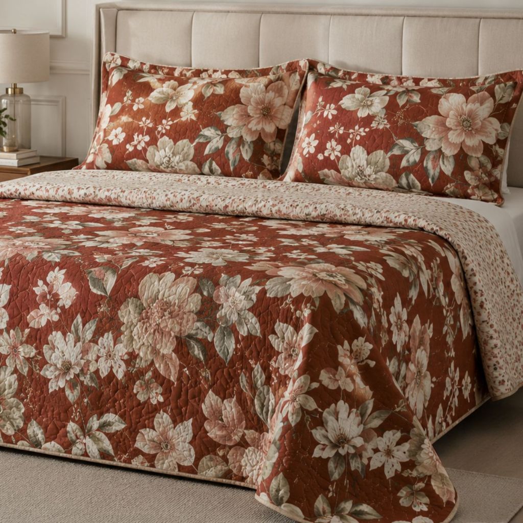 Colcha Queen Cobre Leito 3 Peças Estampado Dupla Face Porta Travesseiro Enxoval c/ Fronhas