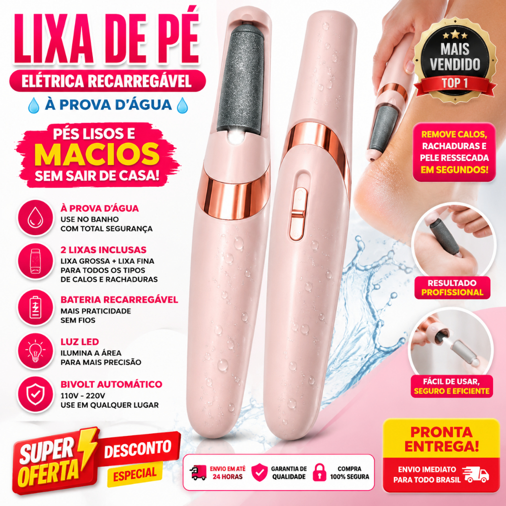 Lixa de Pé Elétrica Recarregável USB Removedor de Calos Pedicure Portátil à Prova D'Água