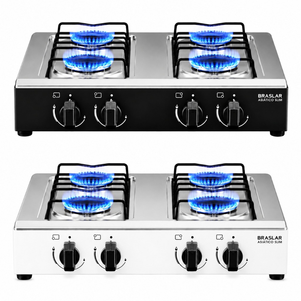 Fogão 4 Bocas Asiático Braslar a Gás Cooktop de Mesa Portátil Inox Preto e Branco
