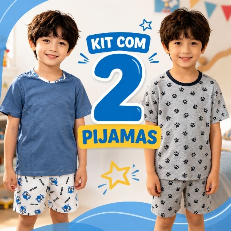 Kit 2 Pijamas Infantil Menino Verão Manga Curta Confortável 2 a 8 Anos