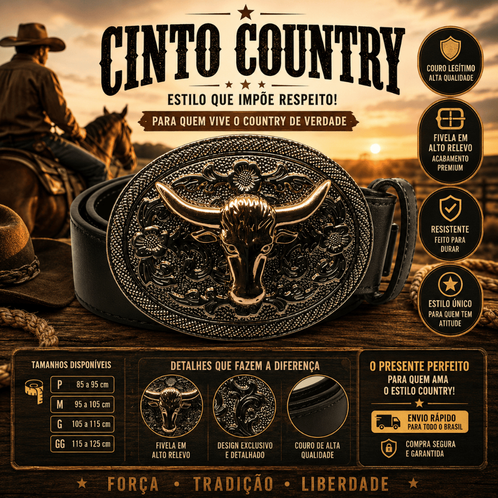 Cinto Country Unisex Toro Nero™ Couro Premium com Fivela de Touro